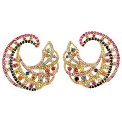 Boucles d'oreilles en or jaune 18 carats avec tourbillon de saphirs multicolores de 4,33 carats