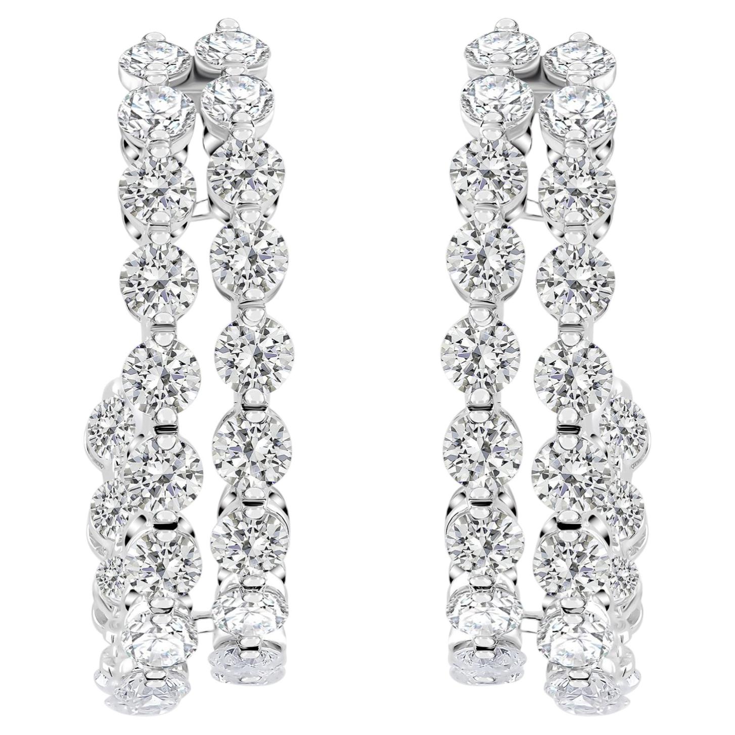 3.87 Carat Natural Round Diamond Dual Band Hoop Earrings 18K White Gold For Sale