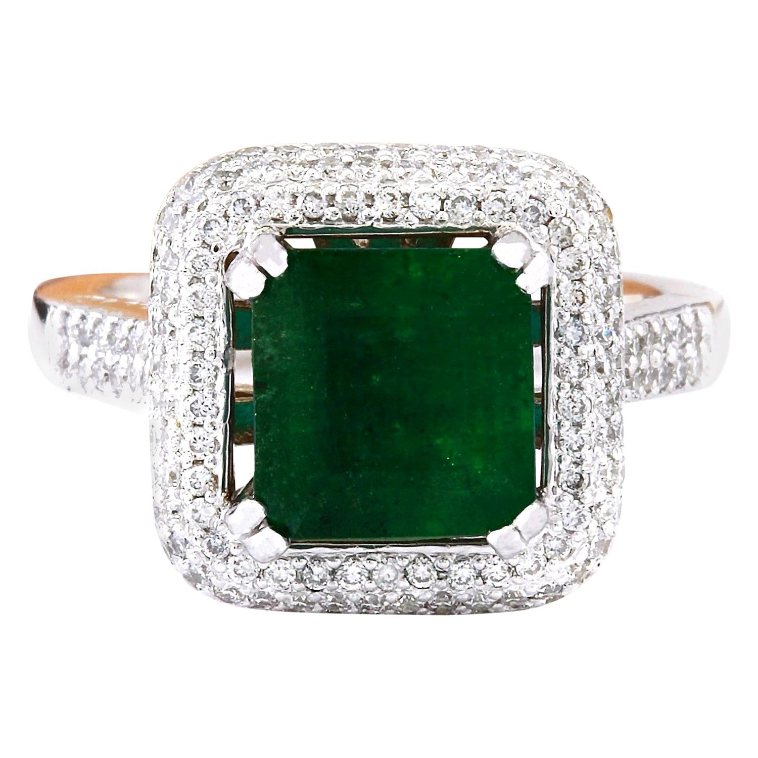 Natural Emerald Diamond Ring In 14 Karat Solid White Gold  For Sale