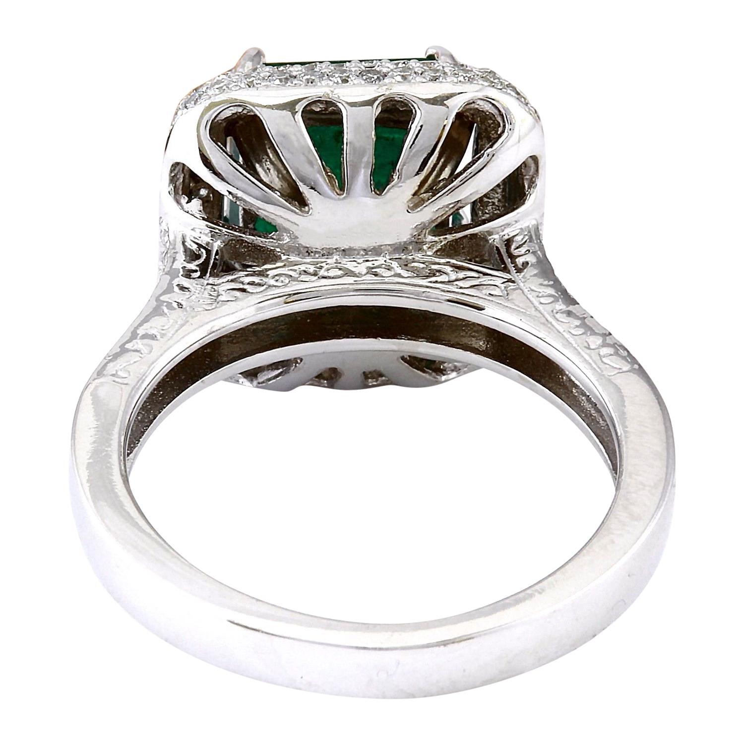 Emerald Cut Natural Emerald Diamond Ring In 14 Karat Solid White Gold  For Sale