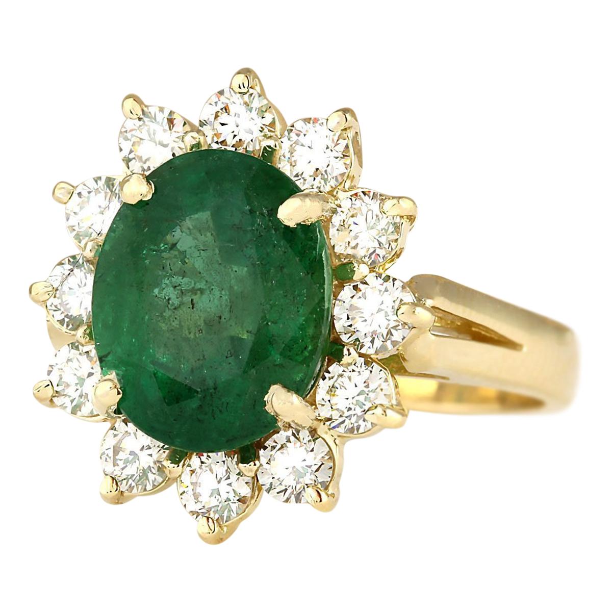 4.33 Carat Natural Emerald 14 Karat Yellow Gold Diamond Ring
Stamped: 14K Yellow Gold
Total Ring Weight: 5.2 Grams
Total Natural Emerald Weight is 3.33 Carat (Measures: 10.00x8.00 mm)
Color: Green
Total Natural Diamond Weight is 1.00