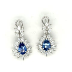 4.33 Carat Pear Cut Blue Sapphire Diamond White Gold Dangling Earrings