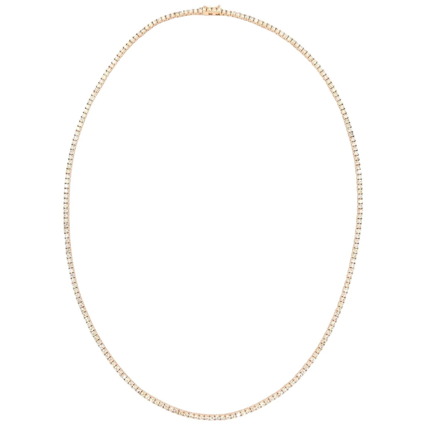 Brilliant and beautiful tennis necklace, natural round-brilliant cut white diamonds clean and Excellent shine. 14k rose gold classic four-prong style for maximum light brilliance. 23 inch length. Average H-I Color, VS-SI Clarity. 2.1 mm. Elegance