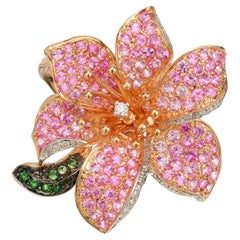 4.33 Carat Round Pink Sapphire Tsavorite Garnet Diamond Rose Gold Flower Ring