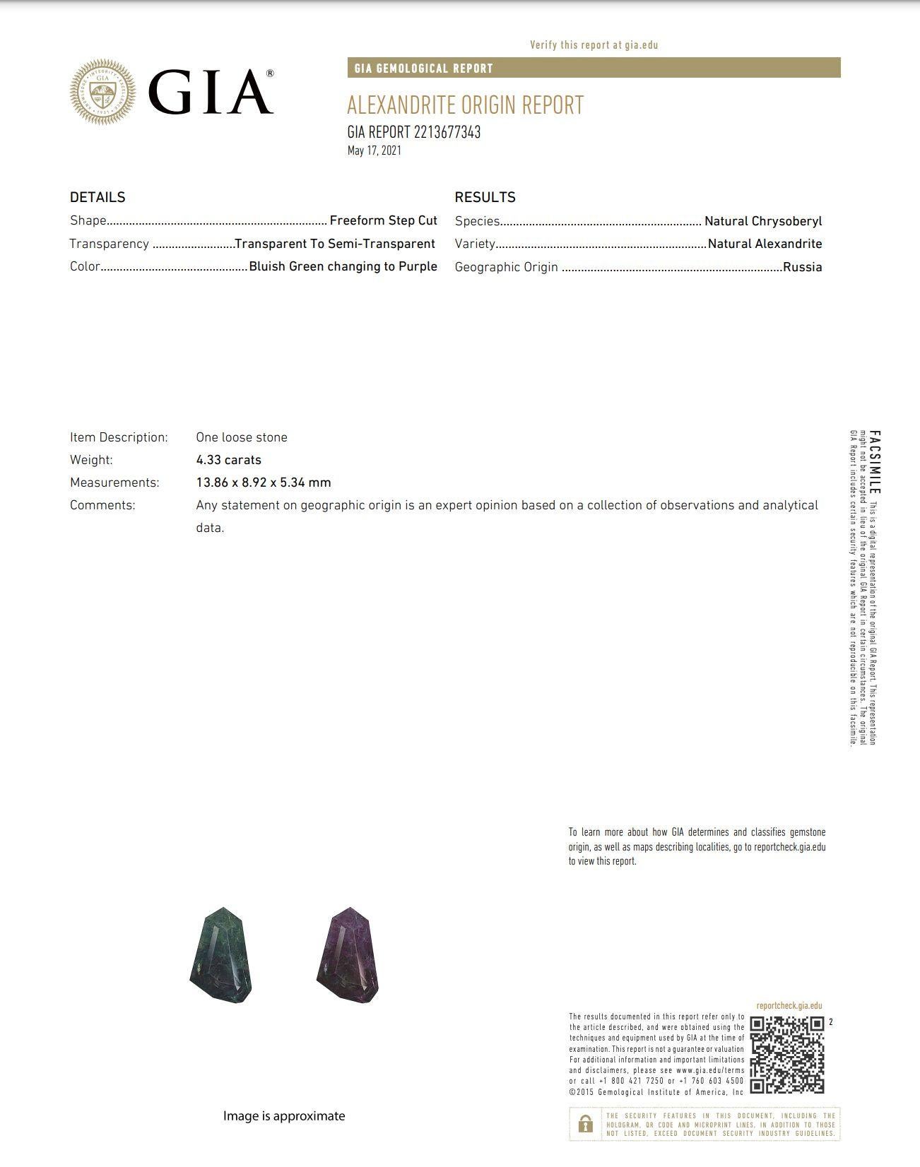 Modern 4.33 Carat Russian Alexandrite GIA and Diamond Platinum Pendant Necklace For Sale
