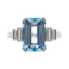 4.33 Carats Aquamarine and Diamond Baguette Platinum Ring