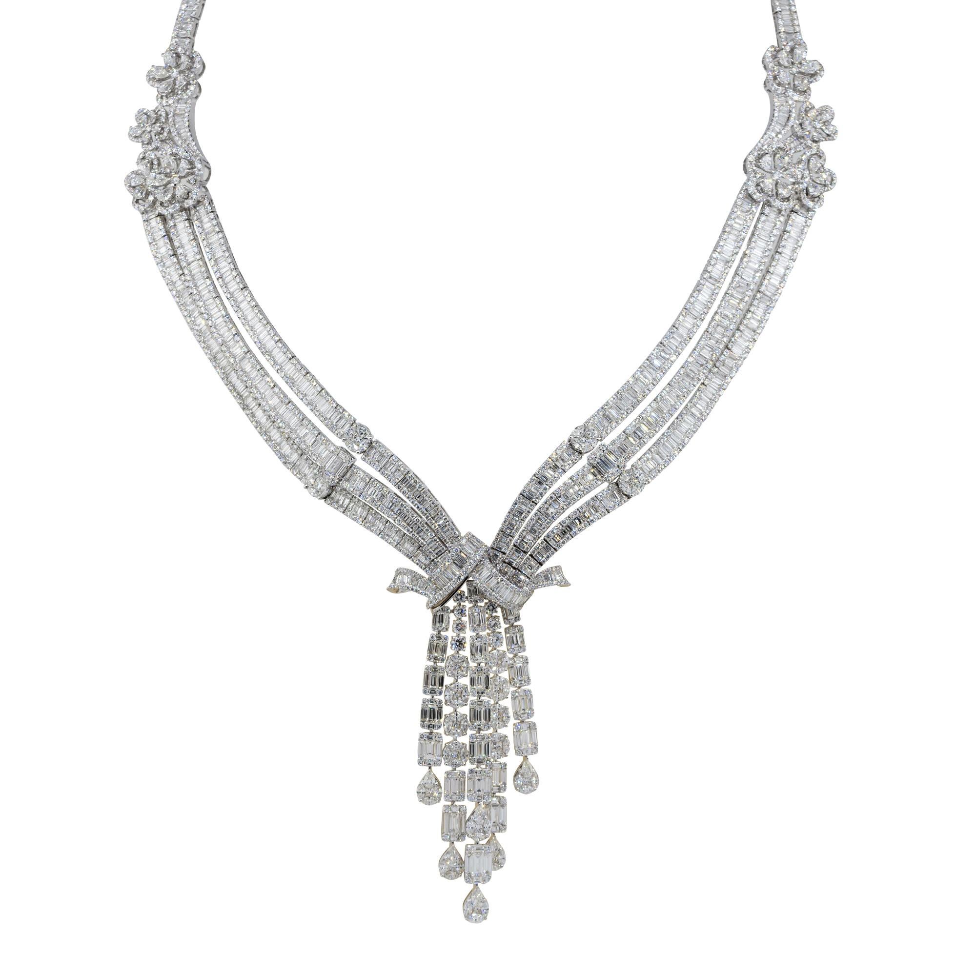 Material: 18k white gold
Diamond Details: Approx. 16.02ctw of round cut, 22.24ctw of Marquise cut and 5.05ctw of pear shaped Diamonds. Diamonds are G/H in color and VS in clarity
Necklace measurements: 17