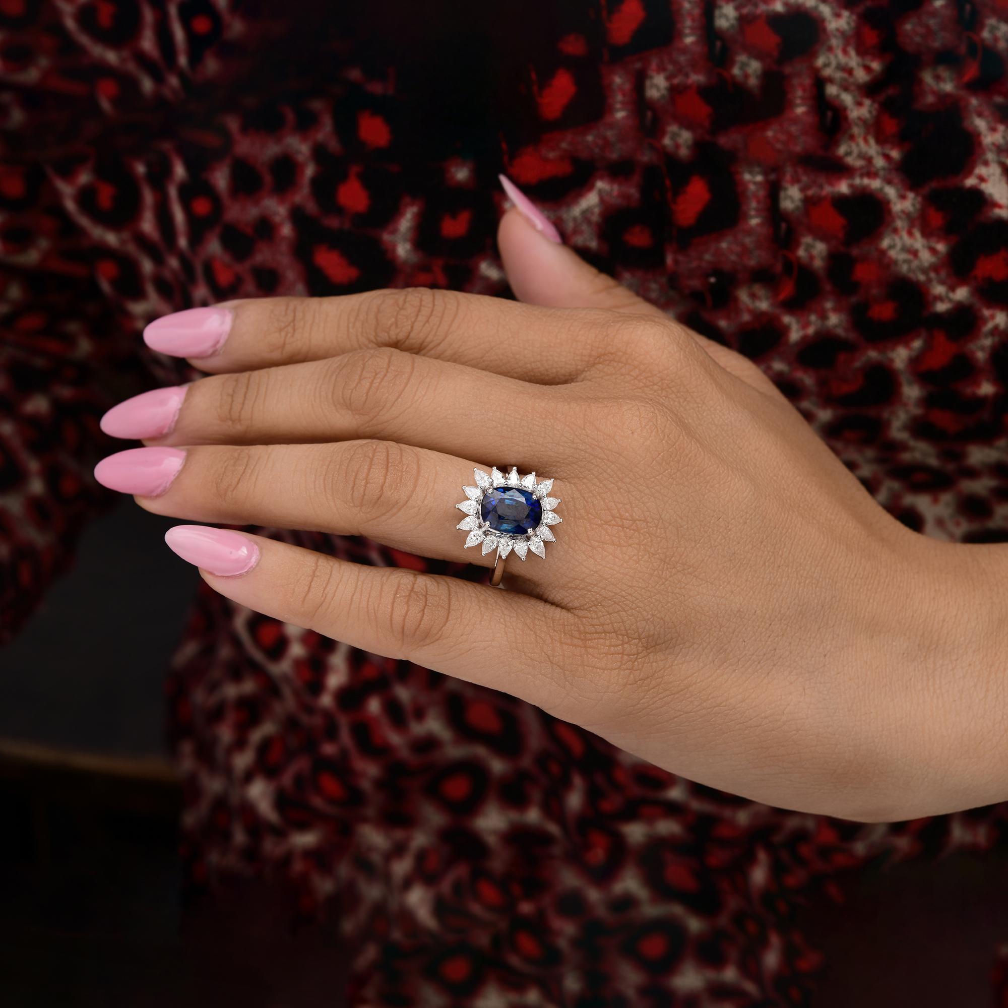 in vendita:  Anello di fidanzamento con diamante aureolato con zaffiro blu da 4,33 carati in oro bianco 14 carati 10