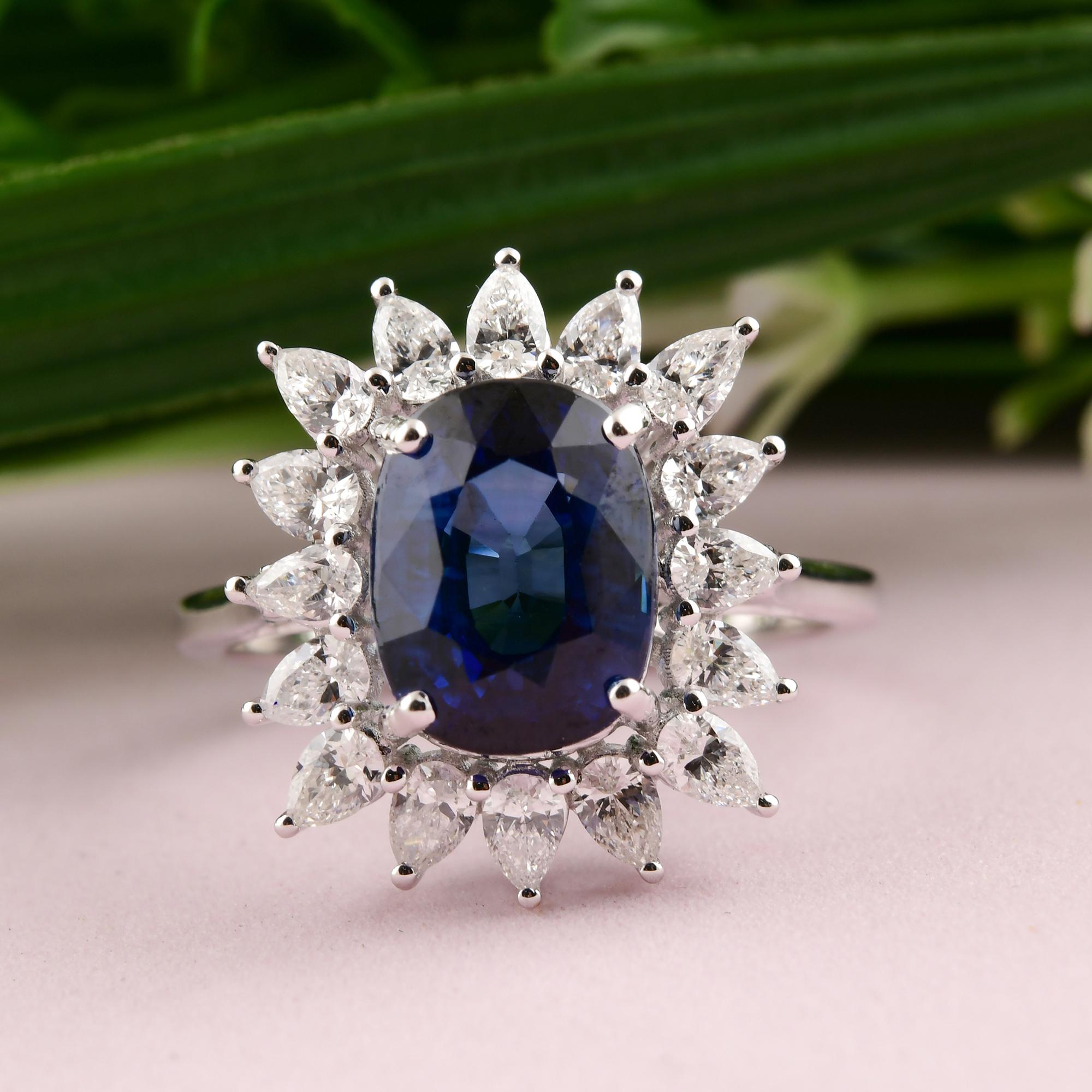 in vendita:  Anello di fidanzamento con diamante aureolato con zaffiro blu da 4,33 carati in oro bianco 14 carati 8