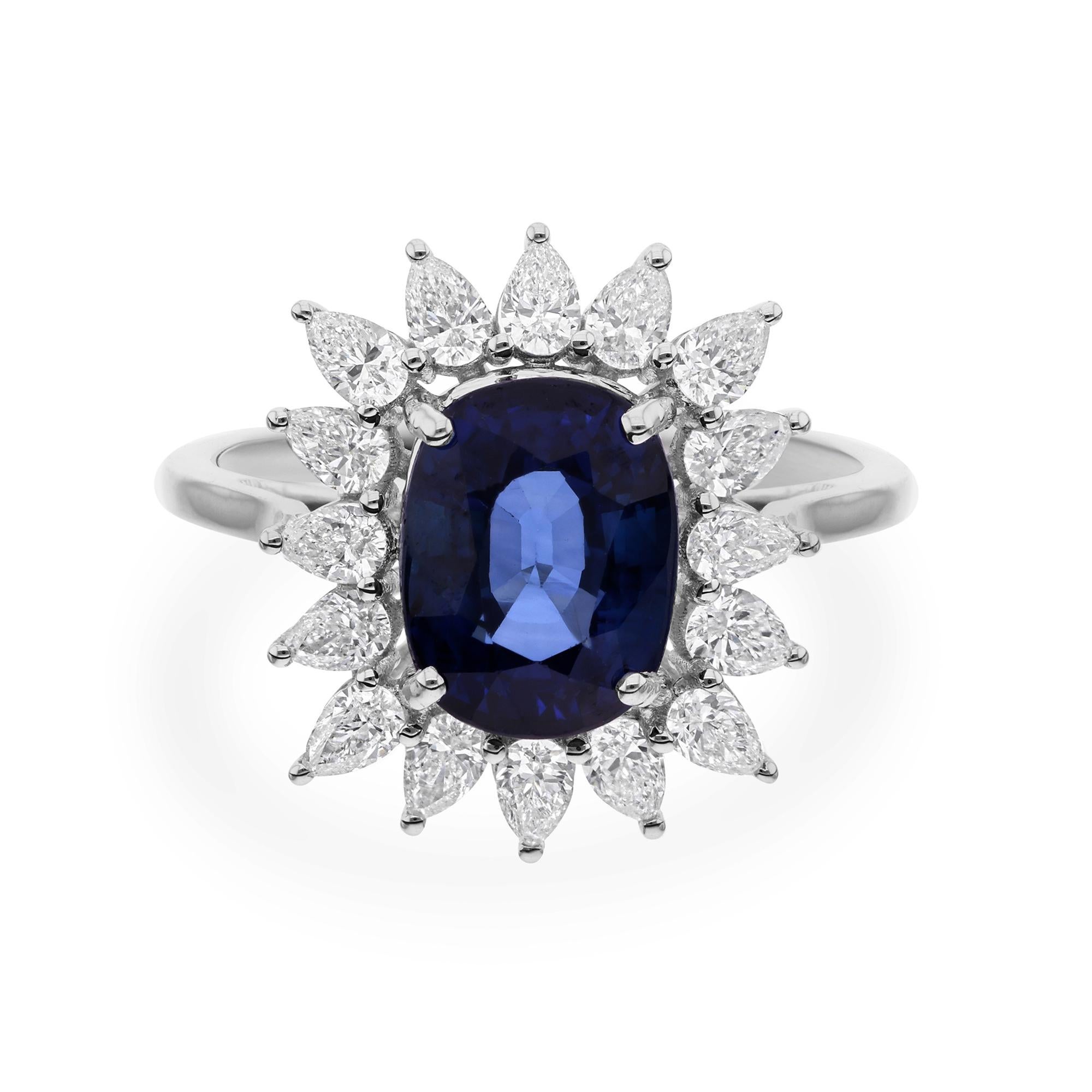 Anello di fidanzamento con diamante aureolato con zaffiro blu da 4,33 carati Cocktail in oro bianco 18 carati