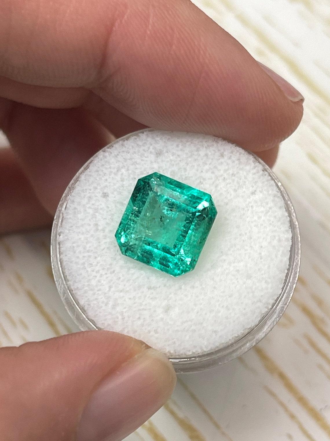 Modern 4.33ct Bluish Green Colombian Emerald 10x10mm Asscher Cut Genuine May Birthstone For Sale