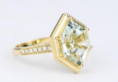 4.33ct Hexagon Green Amethyst 14K Yellow Gold Engagement Ring Milgrain AD1995