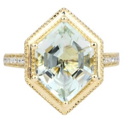 4.33ct Hexagon Green Amethyst 14K Yellow Gold Engagement Ring Milgrain AD1995