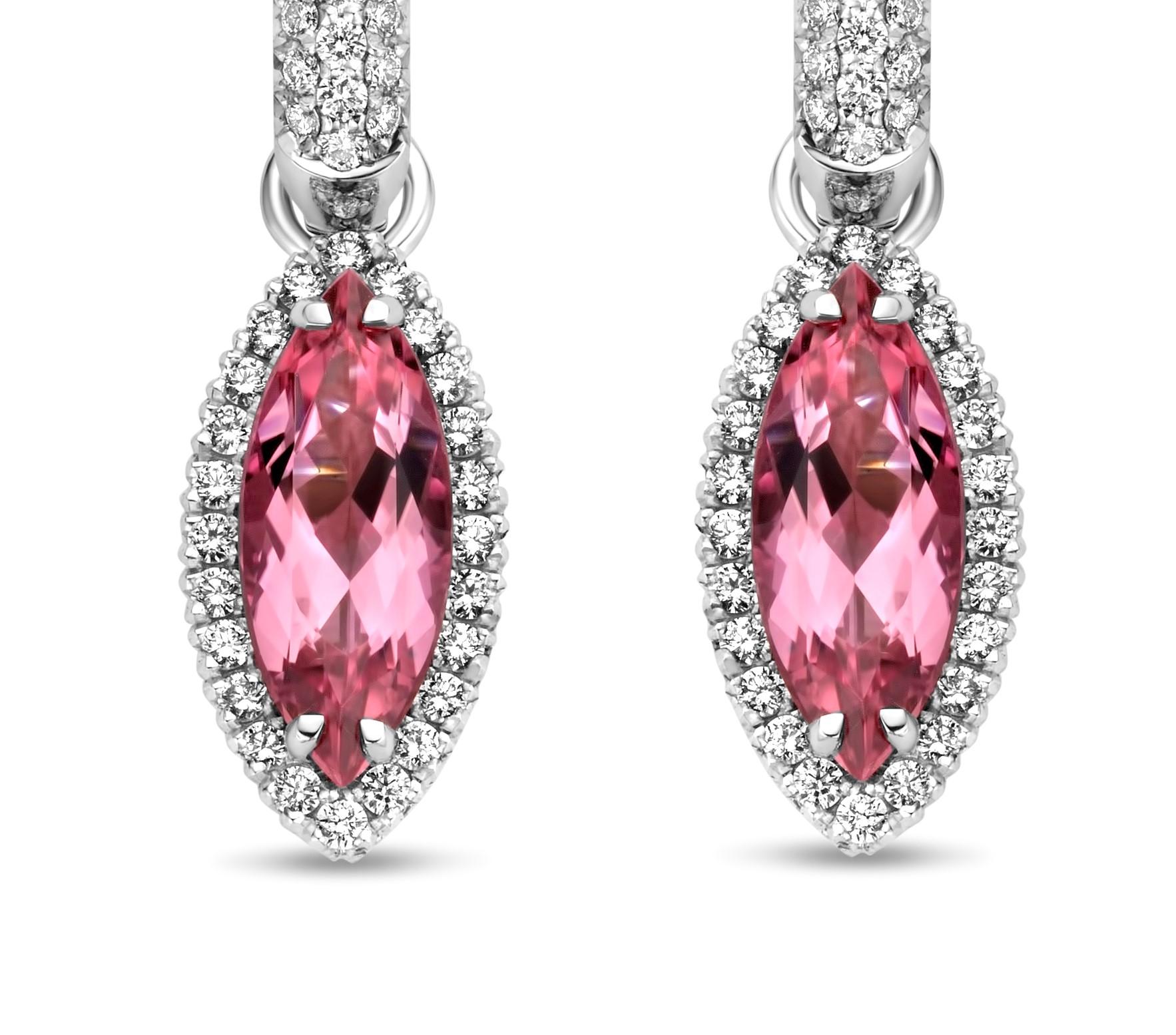 One of a kind “Aïda” attachable earrings in 18K white gold 11,6g set with 2 natural, eye clean, rose tourmalines in marquise cut 4,33Ct, pink sapphires 0,76Ct and diamonds 1,18Ct (VS-F quality).

Because every tourmaline has his own color, every