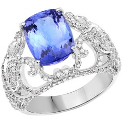 4.34 Carat Genuine Tanzanite and Diamond 14 Karat White Gold Cocktail Ring