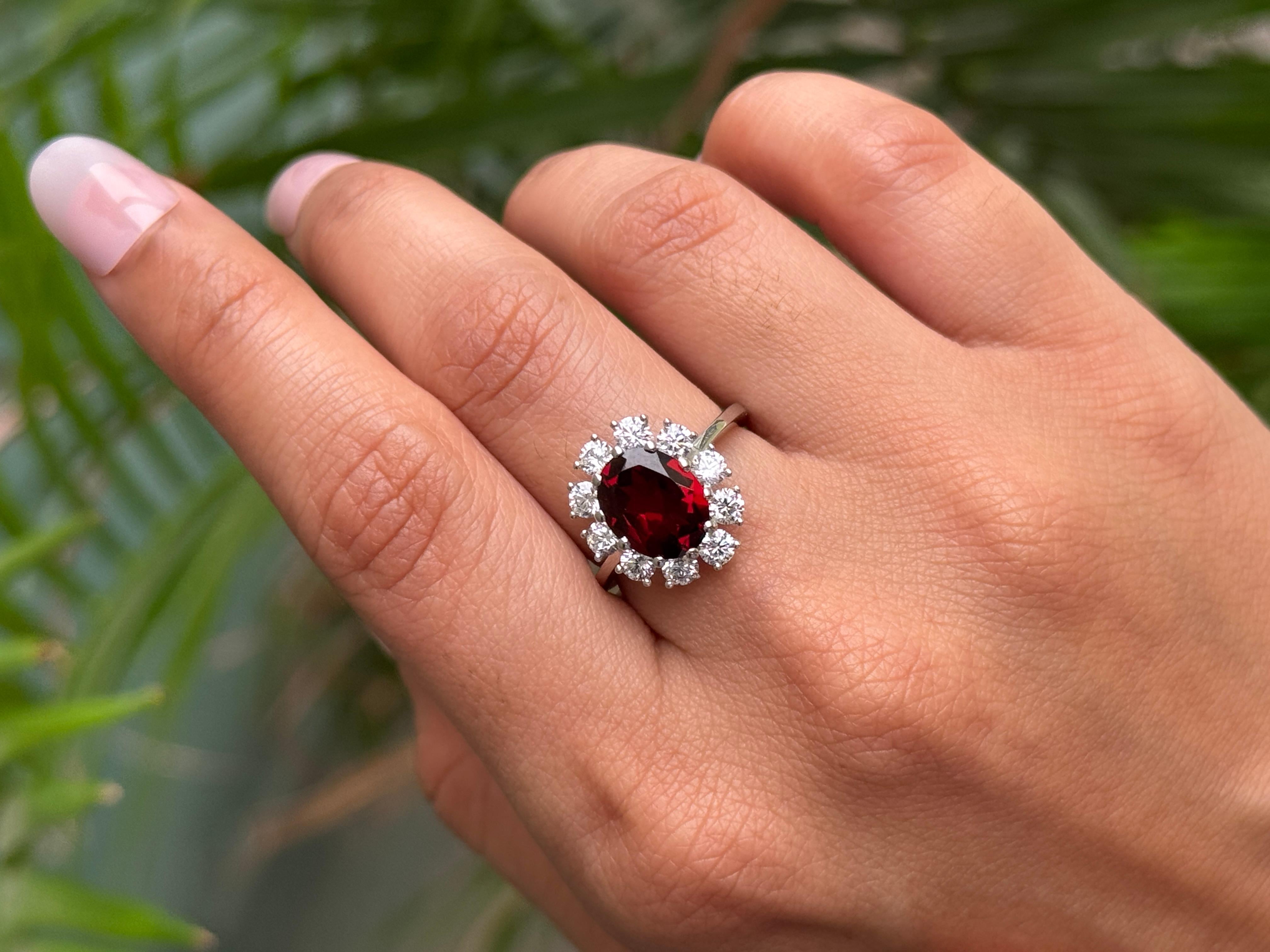 For Sale:  4.34 Carat Handmade Oval Cut Garnet and CZ Halo Ring in 925 Silver for Women 8