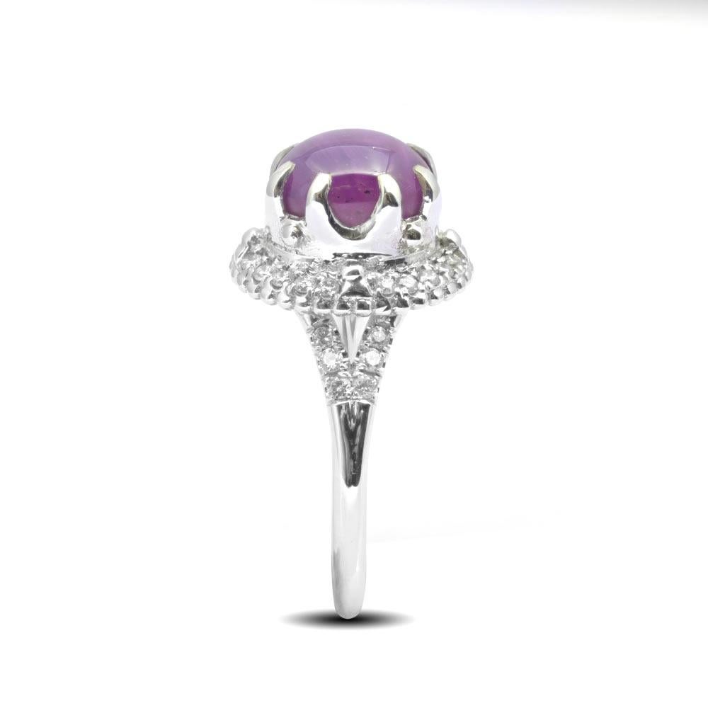 Art Deco 4.34 Carat Natural Star Ruby Diamond Ring 14k White Gold, Ruby Engagement Ring For Sale