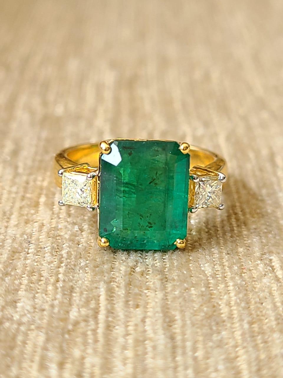 Artisan 4.34 Carats, Natural Zambian Emerald & Princess Diamond Cocktail/Engagement Ring