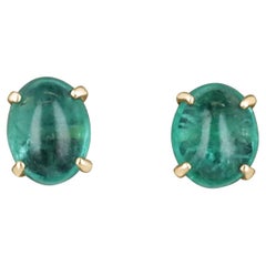 4.34tcw Oval Cut Cabochon Natural Emerald Bluish Green Solitaire Earrings 14K 4.34tcw Oval Cut Cabochon Natural Emerald Bluish Green Solitaire Earrings 14K