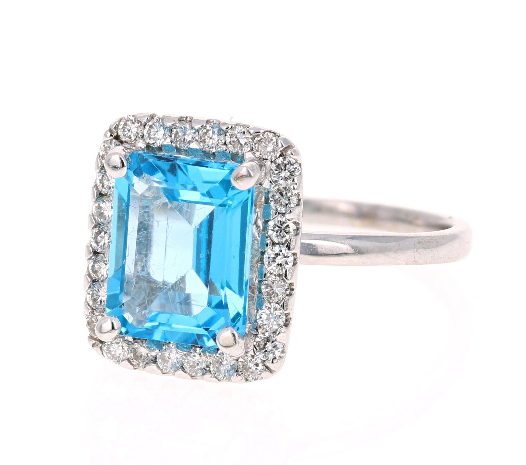 Modern 4.35 Carat Blue Topaz Diamond 14 Karat White Gold Cocktail Ring