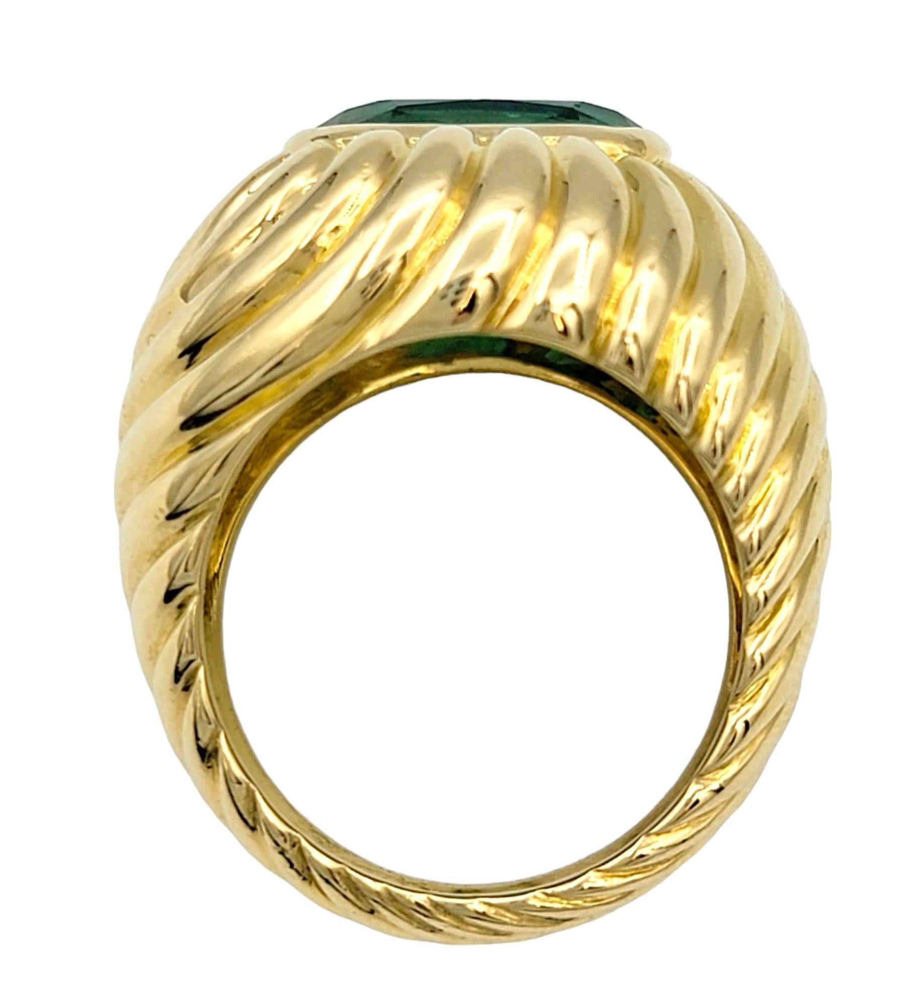 Women's 4.35 Carat Cushion Cut Emerald Solitaire Ridged Dome Ring 18 Karat Yellow Gold For Sale