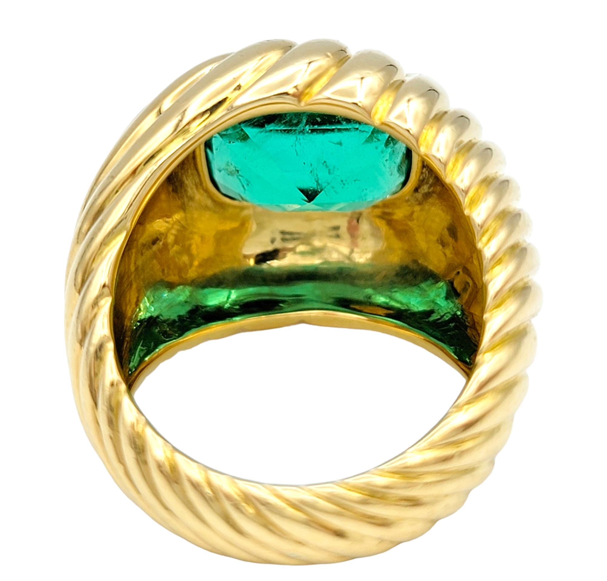 4.35 Carat Cushion Cut Emerald Solitaire Ridged Dome Ring 18 Karat Yellow Gold For Sale 1