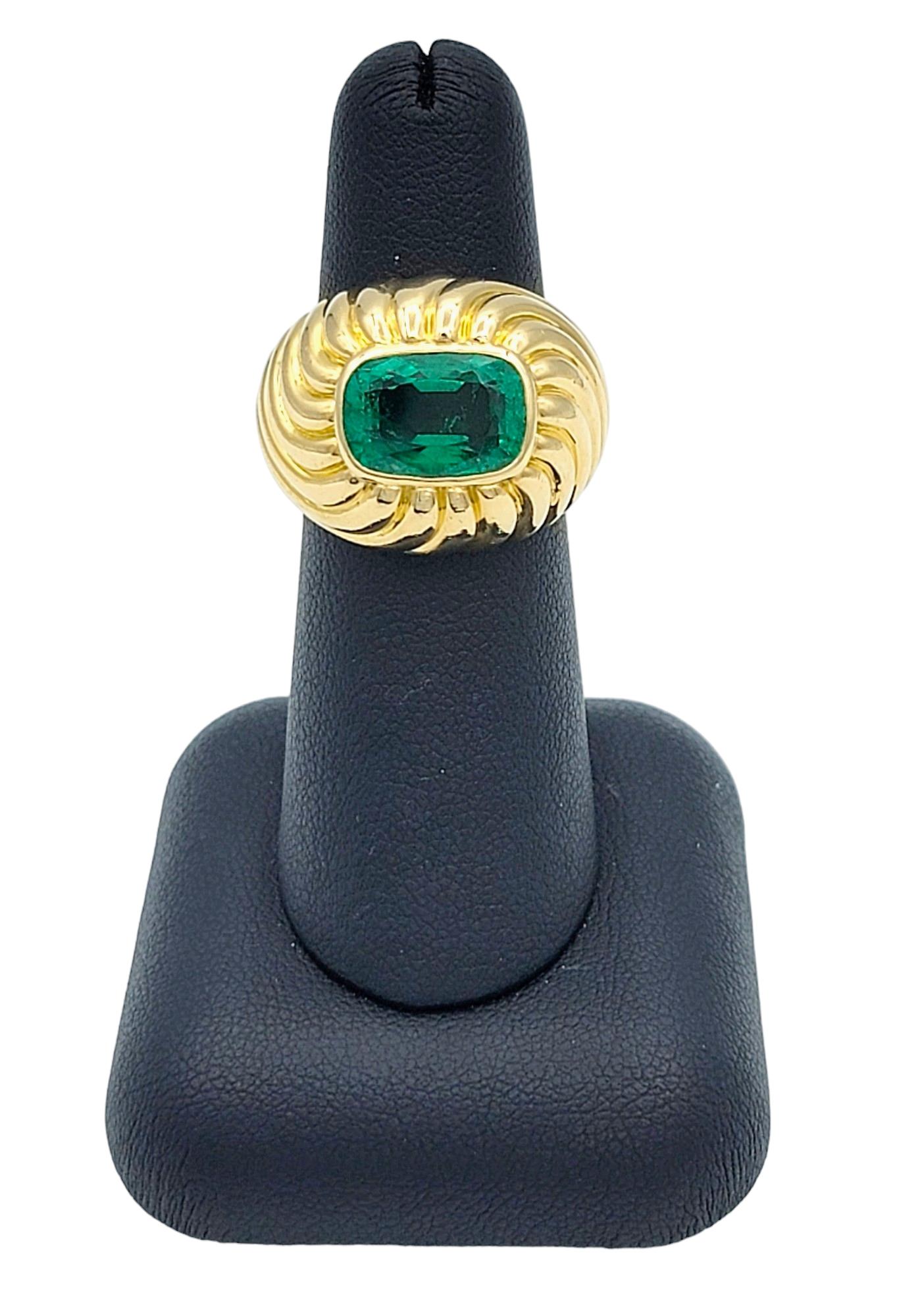 4.35 Carat Cushion Cut Emerald Solitaire Ridged Dome Ring 18 Karat Yellow Gold For Sale 3
