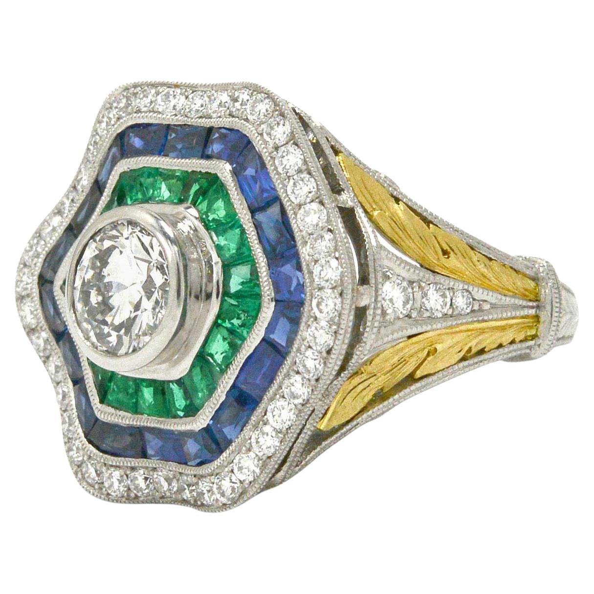4,35 Karat Diamant Saphir Smaragd Ballerina Ring EGL zertifiziert im Angebot