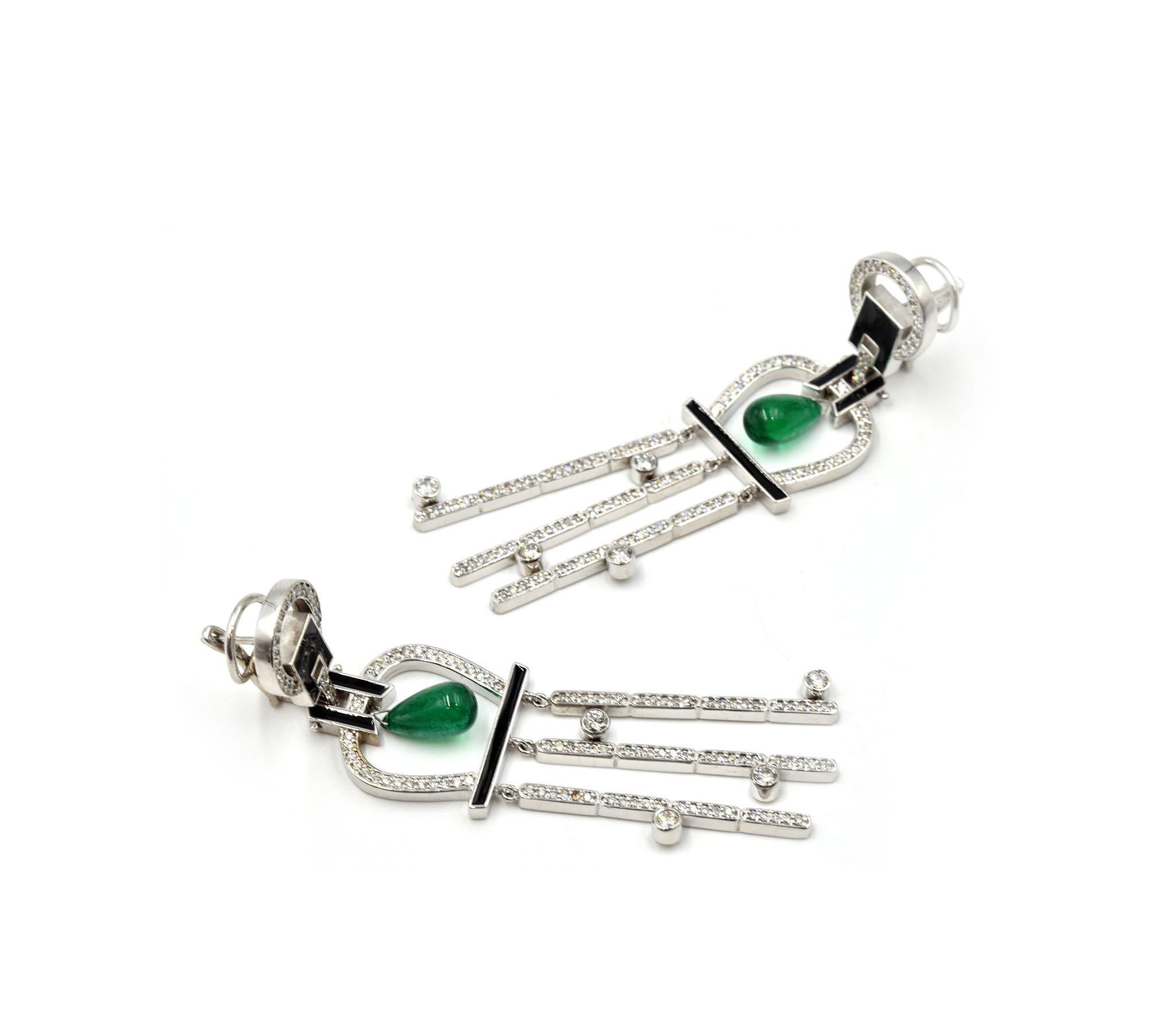 4.35 Carat Emerald and Diamond 18 Karat White Gold Drop Earrings In Excellent Condition In Scottsdale, AZ