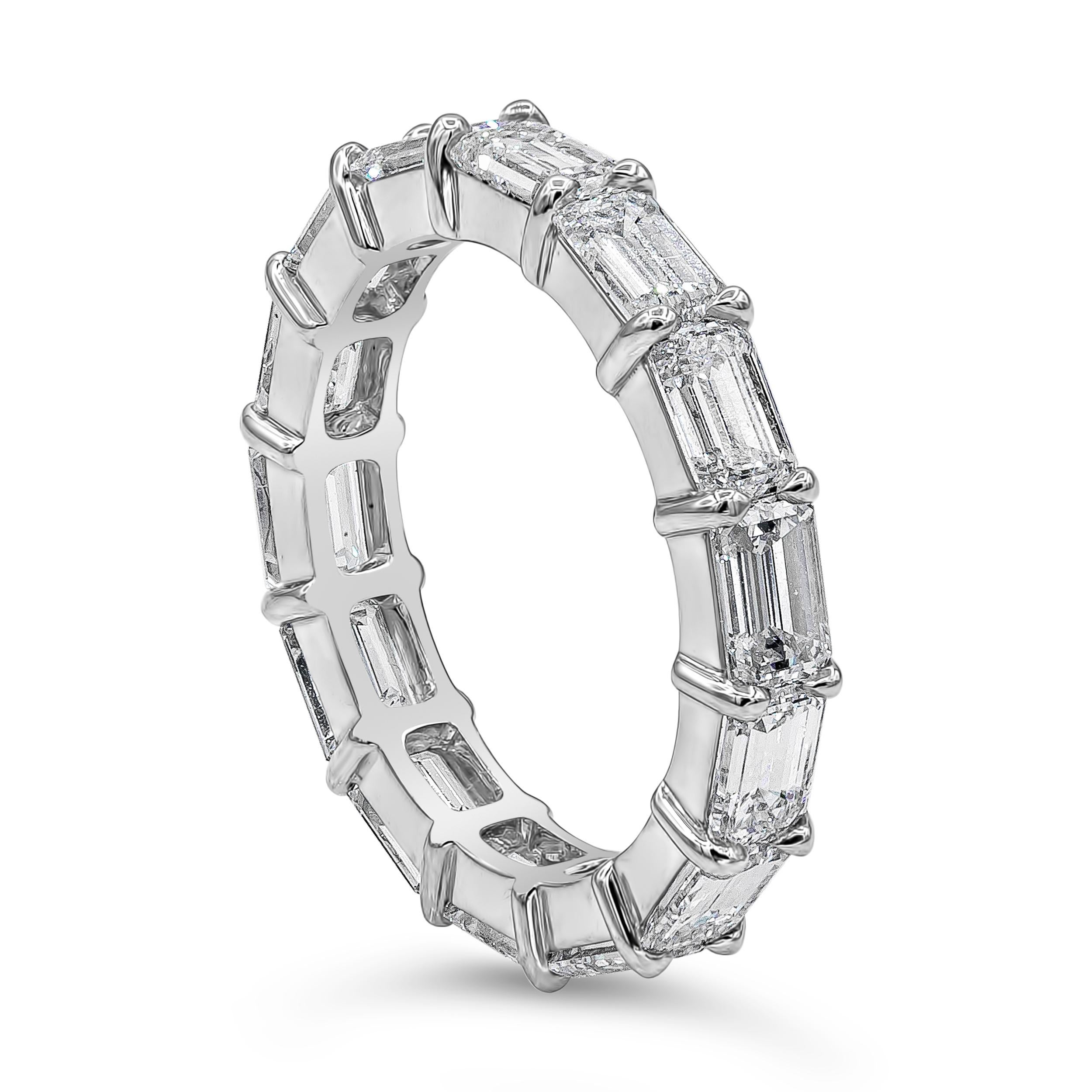 A chic and stylish eternity wedding band showcasing 4.35 carats of emerald cut diamonds, E Color and Vs in Clarity. Set east to west in a horizontal fashion. Made with Platinum. Size 6.5 US resizable upon request.

Roman Malakov is a custom house,