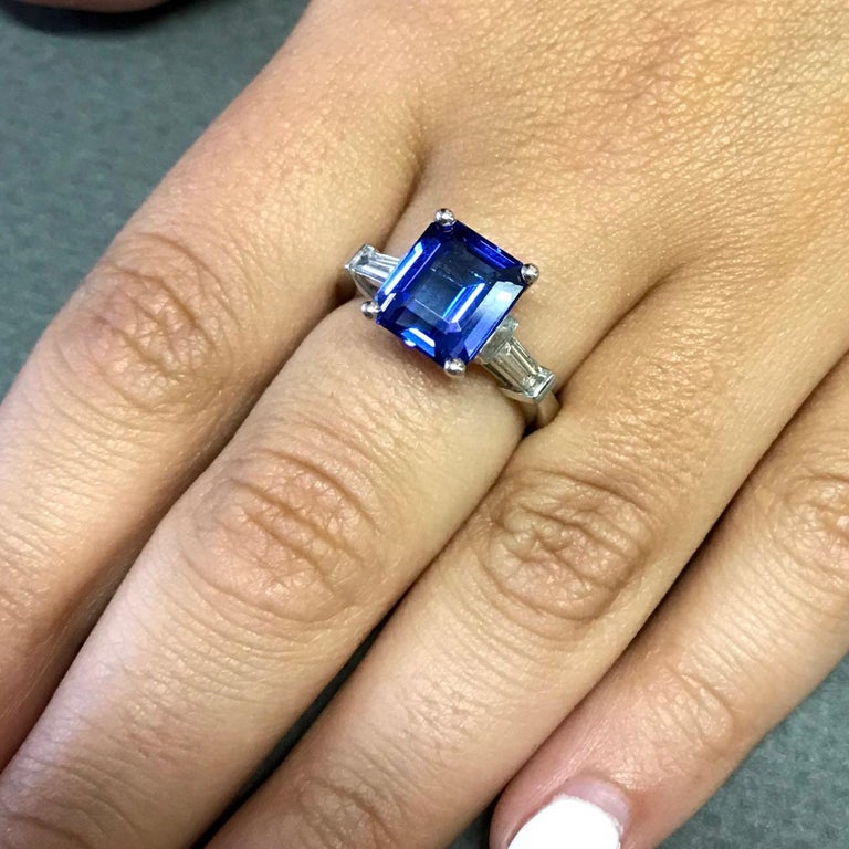 Emerald Cut Tanzanite and Baguette Diamond Engagement Ring at 1stDibs