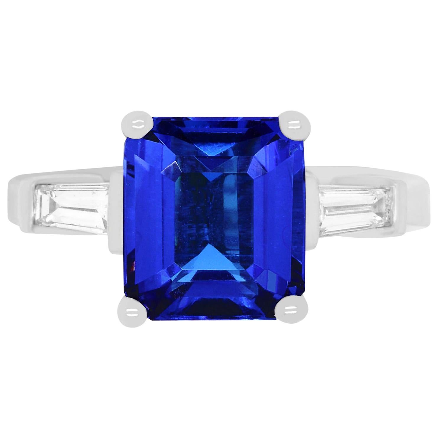 Emerald Cut Tanzanite and Baguette Diamond Engagement Ring