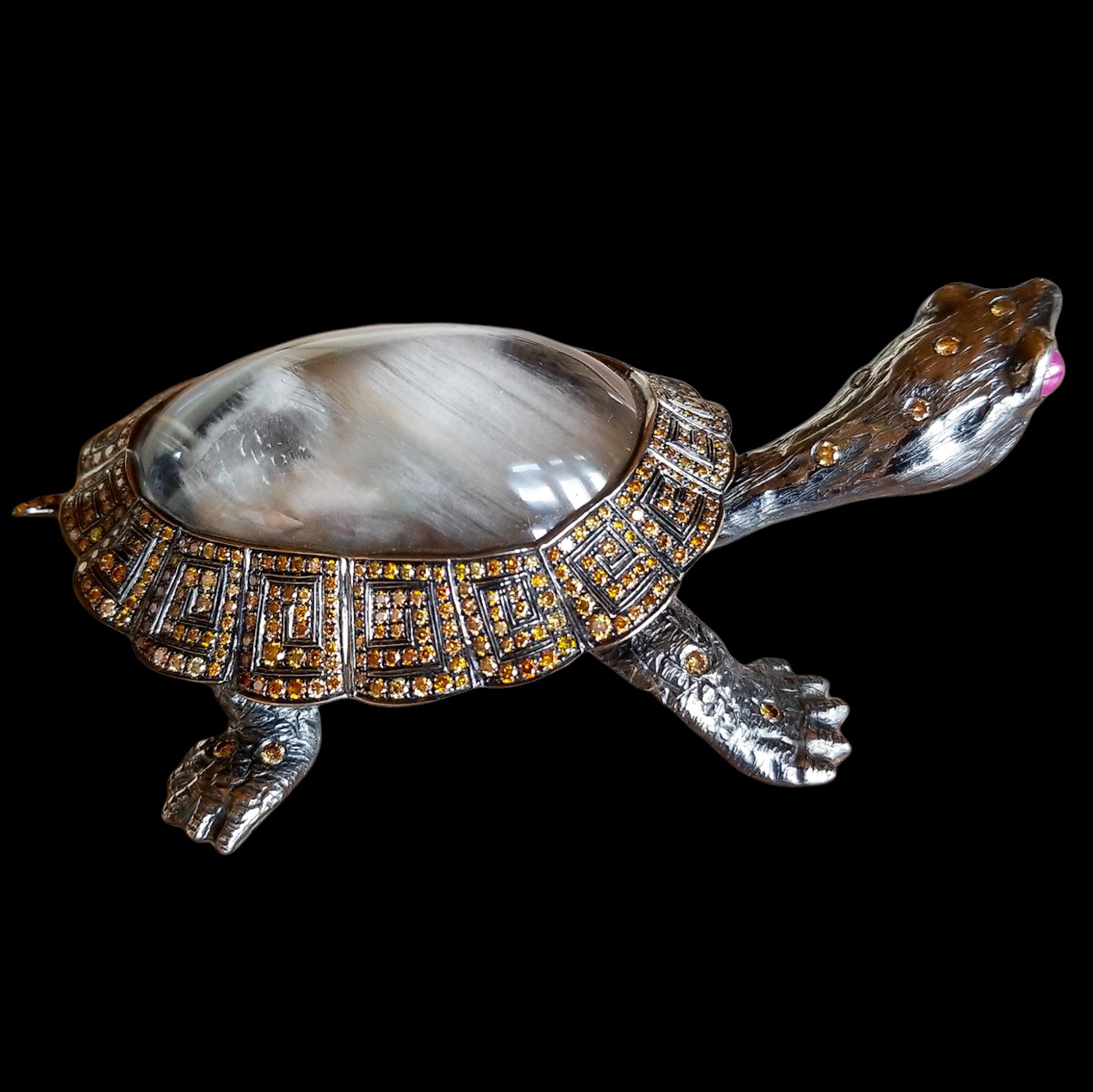 Unique.
One of a Kind Collection Piece of High Jewelry/Objet d'art.
The ultimate extravagant gift for the Collector and Lover of Nature. 
Jeweled Turtle Figurine of lifesize proportion and intricate 360 degree detail in Solid 18K Gold of over 61