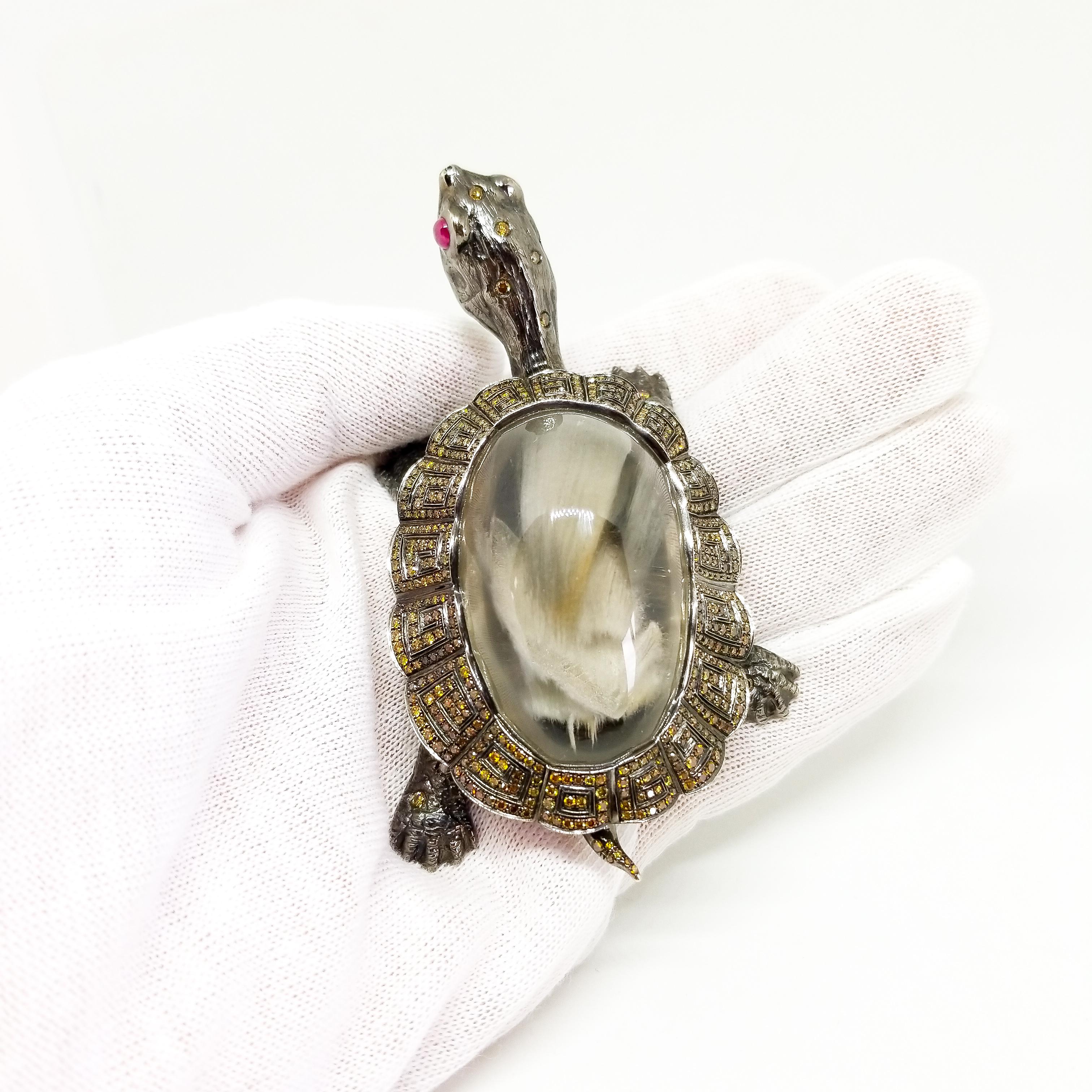 Round Cut 4.35 Carat Fancy Diamond Solid 18K Golden Turtle Lifesize Figurine  For Sale