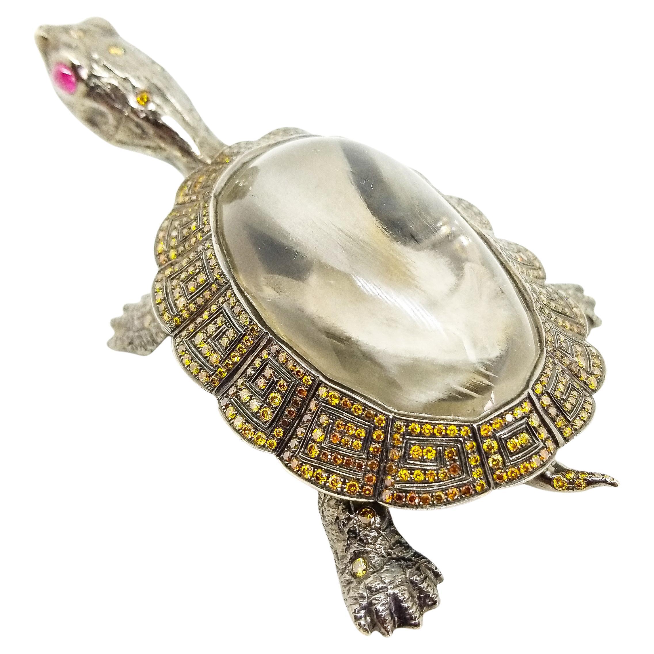 4.35 Carat Fancy Diamond Solid 18K Golden Turtle Lifesize Figurine 