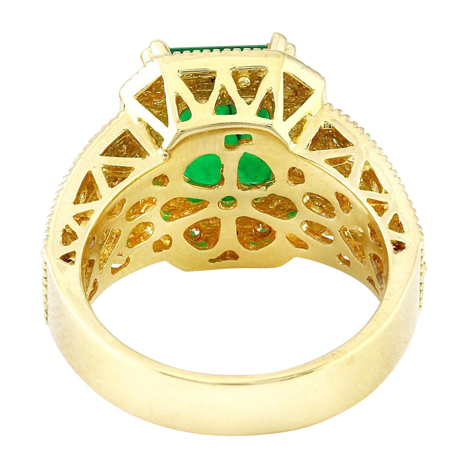 Emerald Cut 4.35 Carat Genuine Emerald 14K Solid Yellow Gold Diamond Ring For Sale