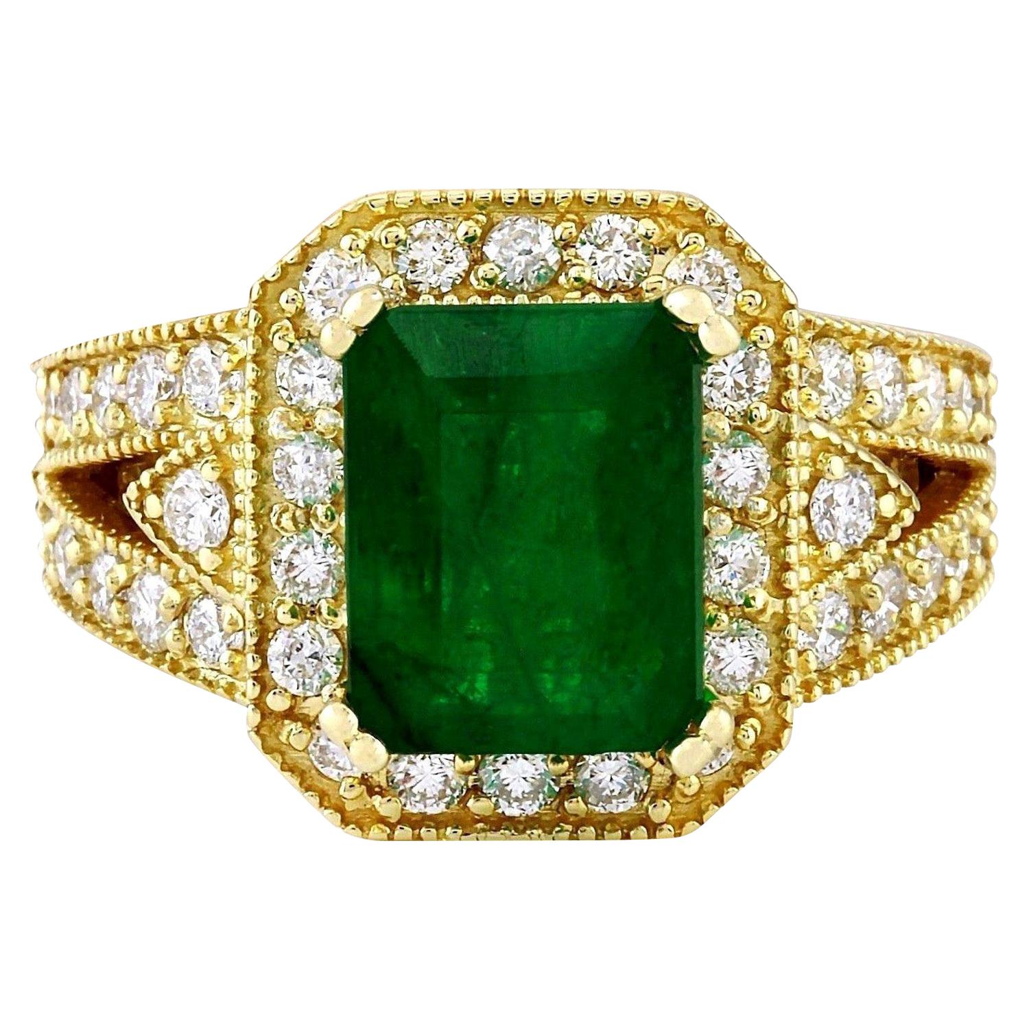 4.35 Carat Genuine Emerald 14K Solid Yellow Gold Diamond Ring For Sale