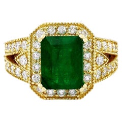 Vintage 4.35 Carat Genuine Emerald 14K Solid Yellow Gold Diamond Ring
