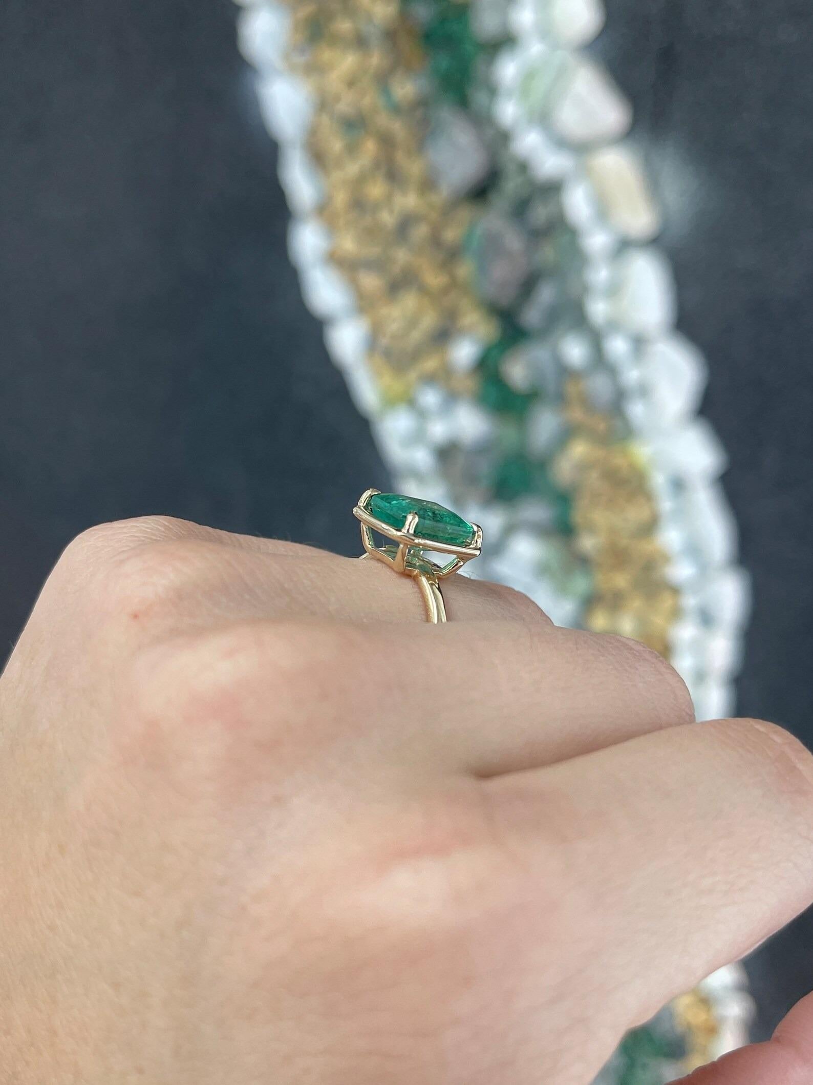 Modern 4.35 Carat Natural Emerald Cut Emerald Solitaire Mossy Green Gold Ring 14K