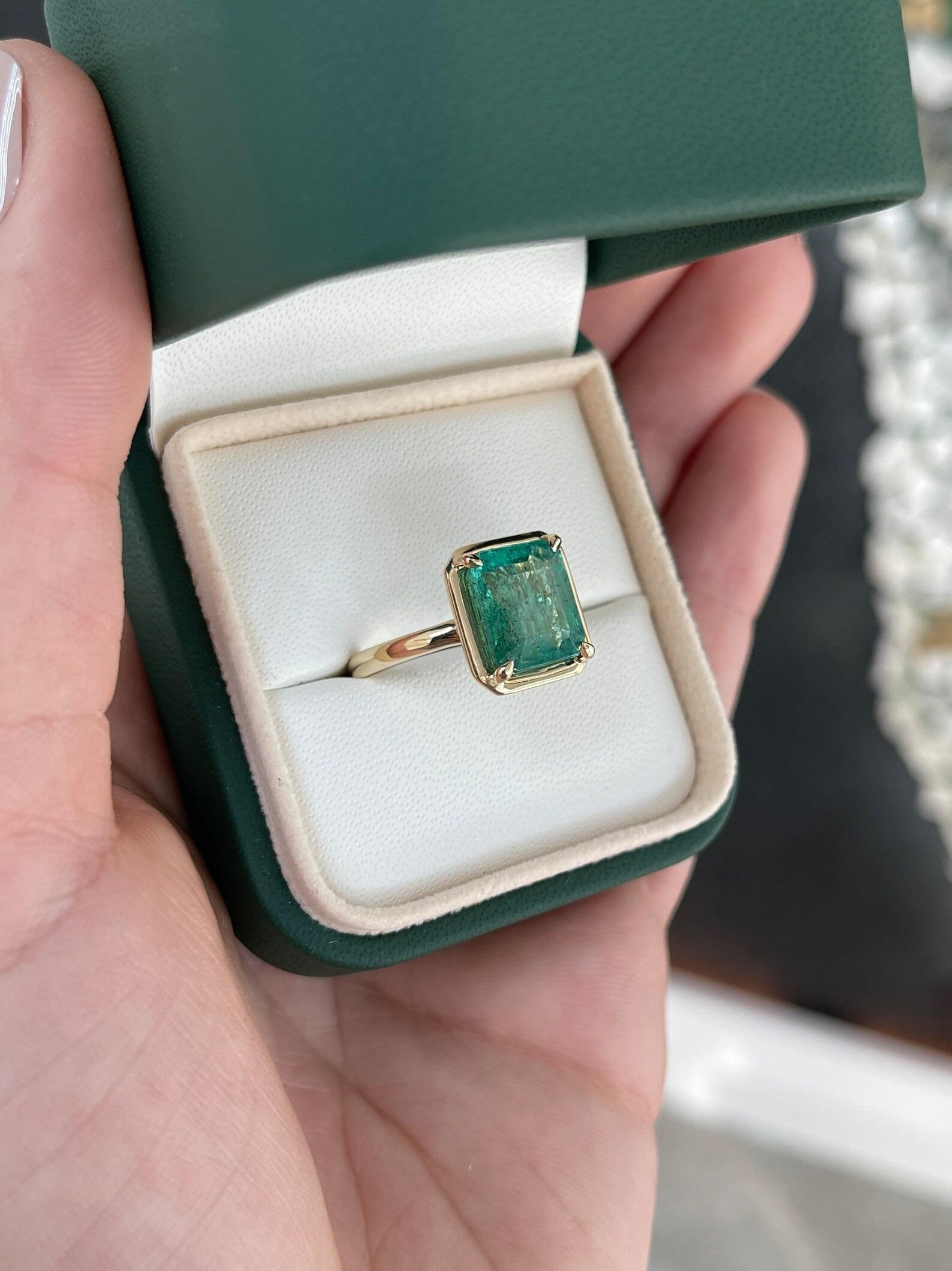 Women's 4.35 Carat Natural Emerald Cut Emerald Solitaire Mossy Green Gold Ring 14K For Sale