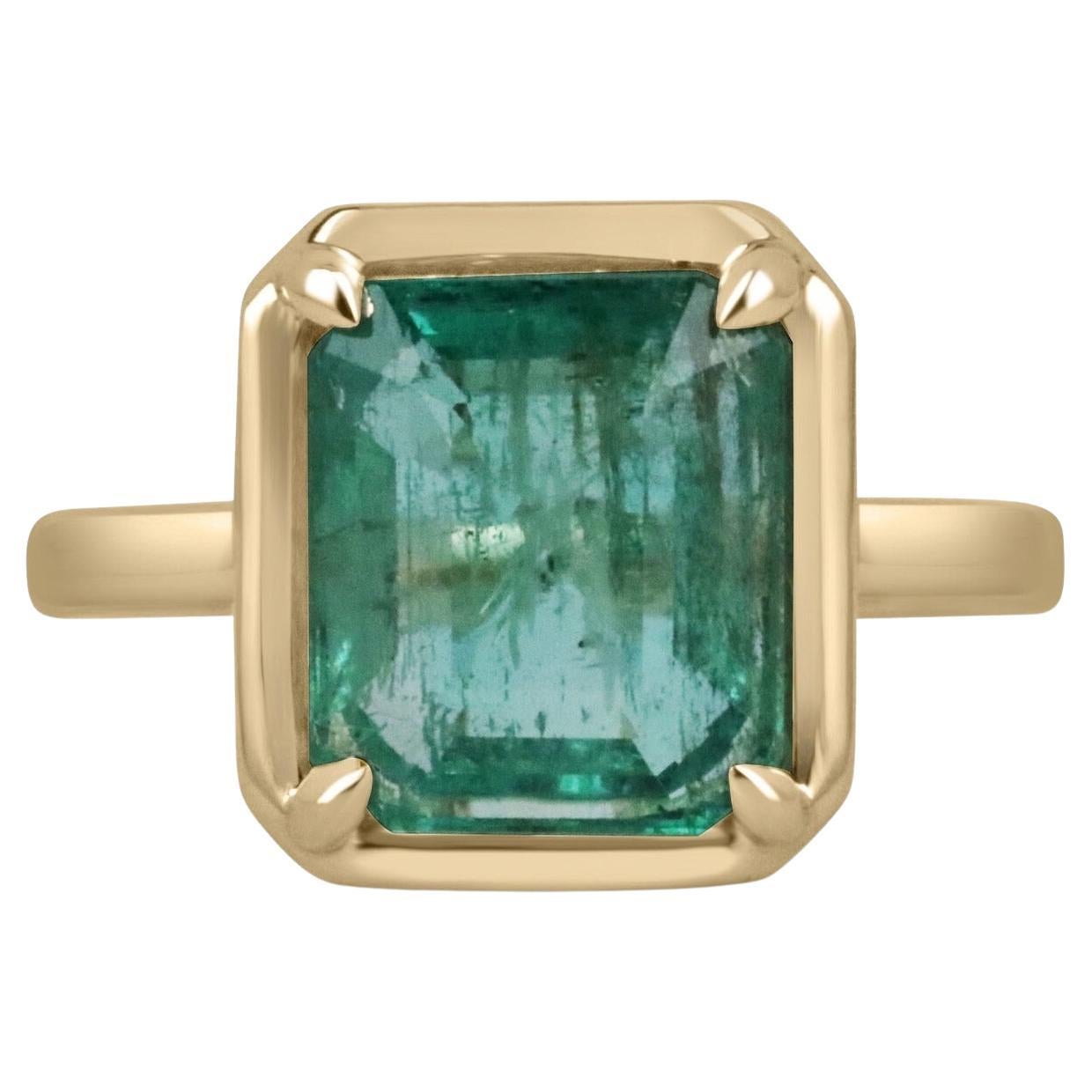 4.35 Carat Natural Emerald Cut Emerald Solitaire Mossy Green Gold Ring 14K For Sale