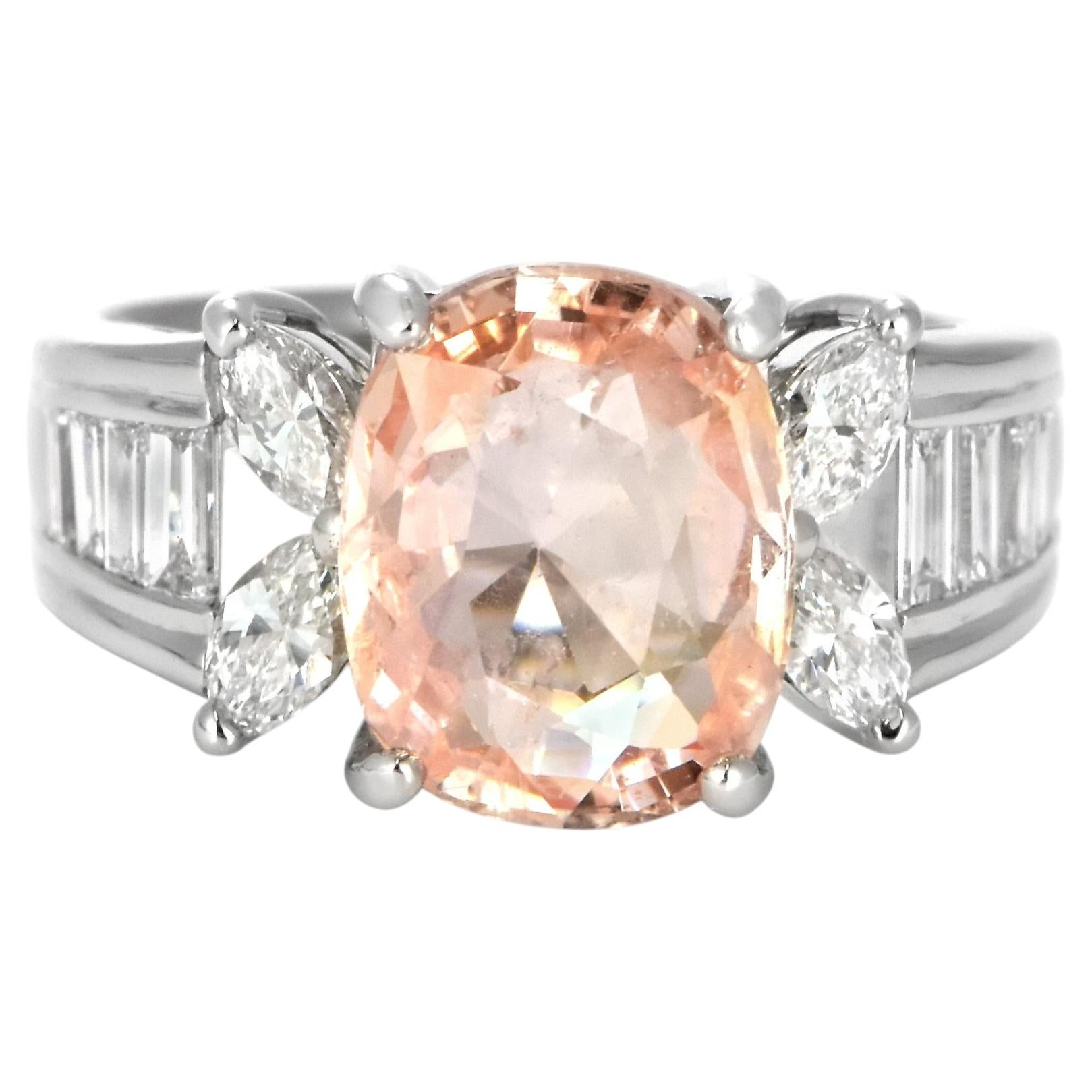 4,35 Karat Natürlicher Padparadscha Saphir & Diamant Ring aus Platin ohne Hitze