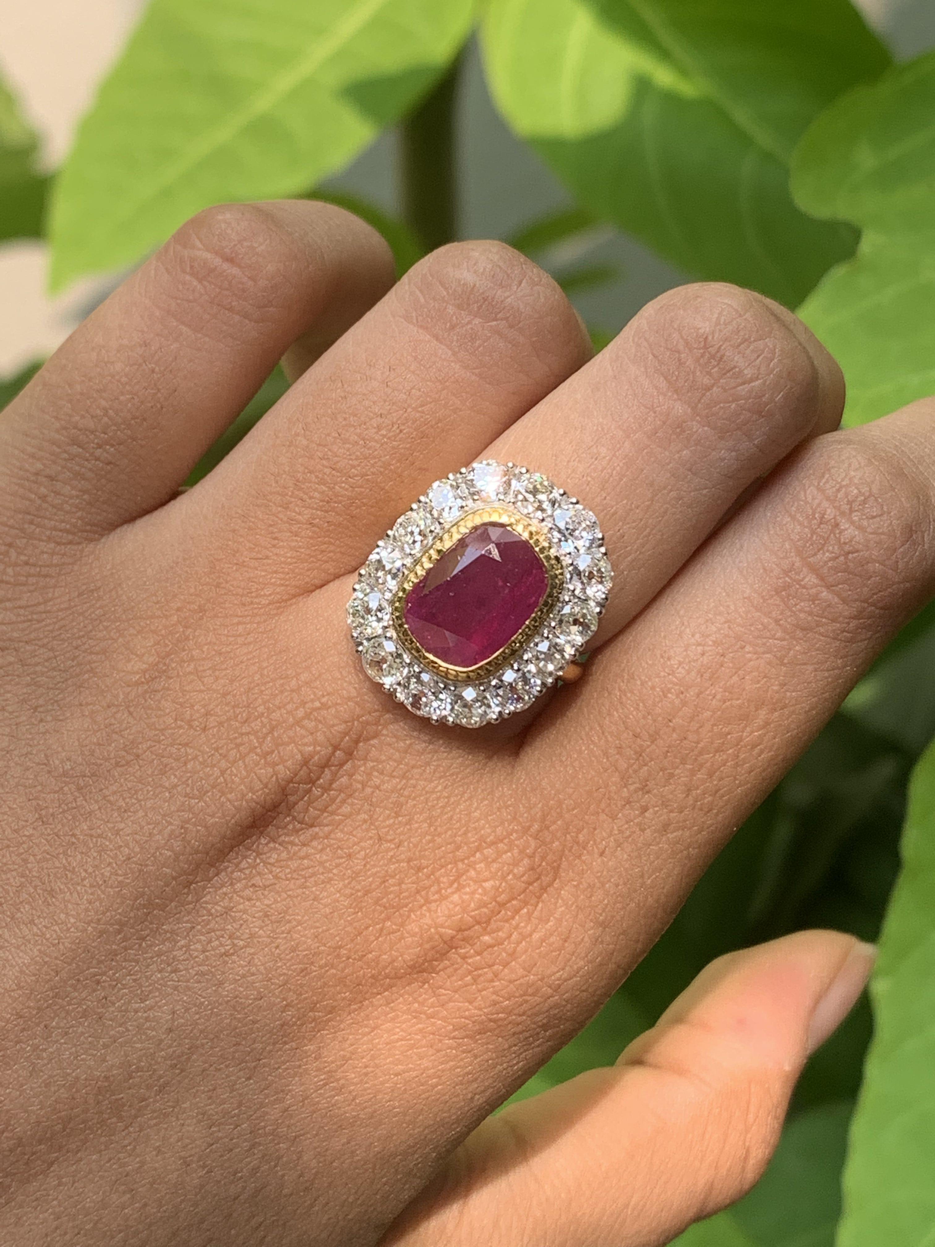 Art Deco 4.35 Carat No-Heat Ruby Ring with Authentic Old Cut Diamonds ...