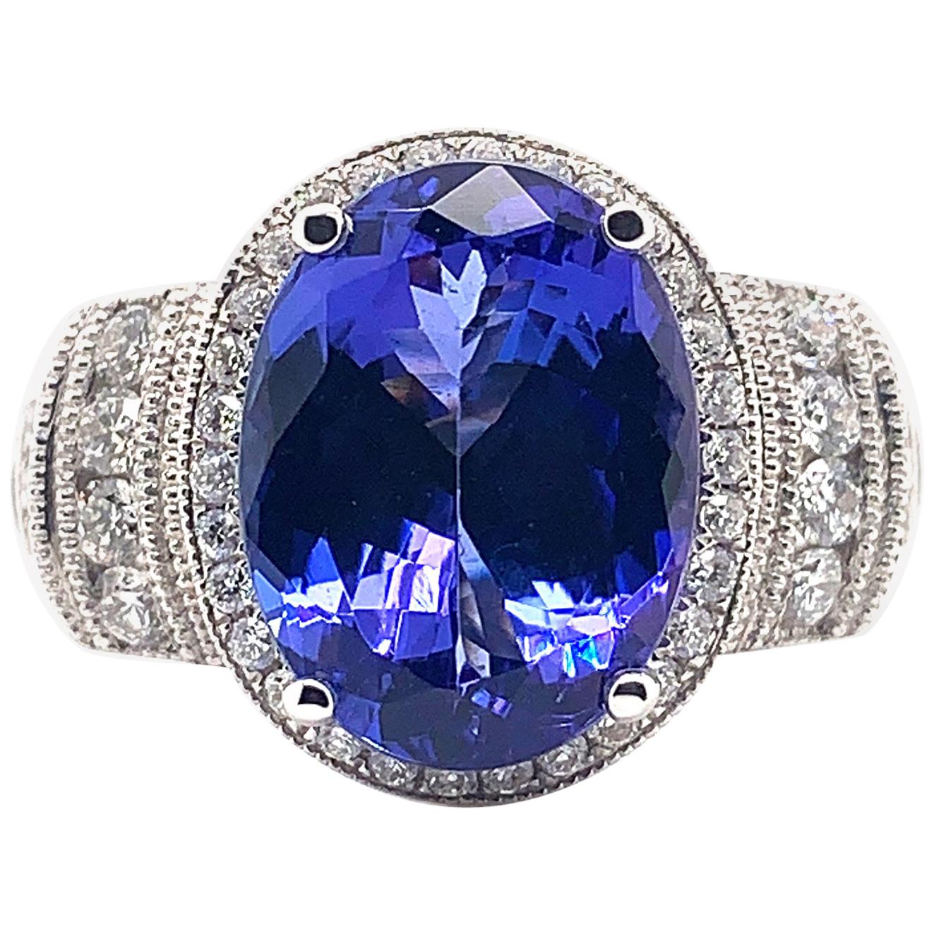 4.35 Carat Oval Shaped Tanzanite Ring in 18 Karat White Gold with Diamonds