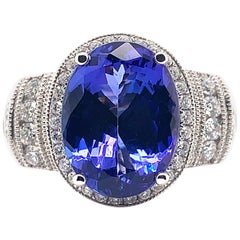 4.35 Carat Oval Shaped Tanzanite Ring in 18 Karat White Gold with Diamonds