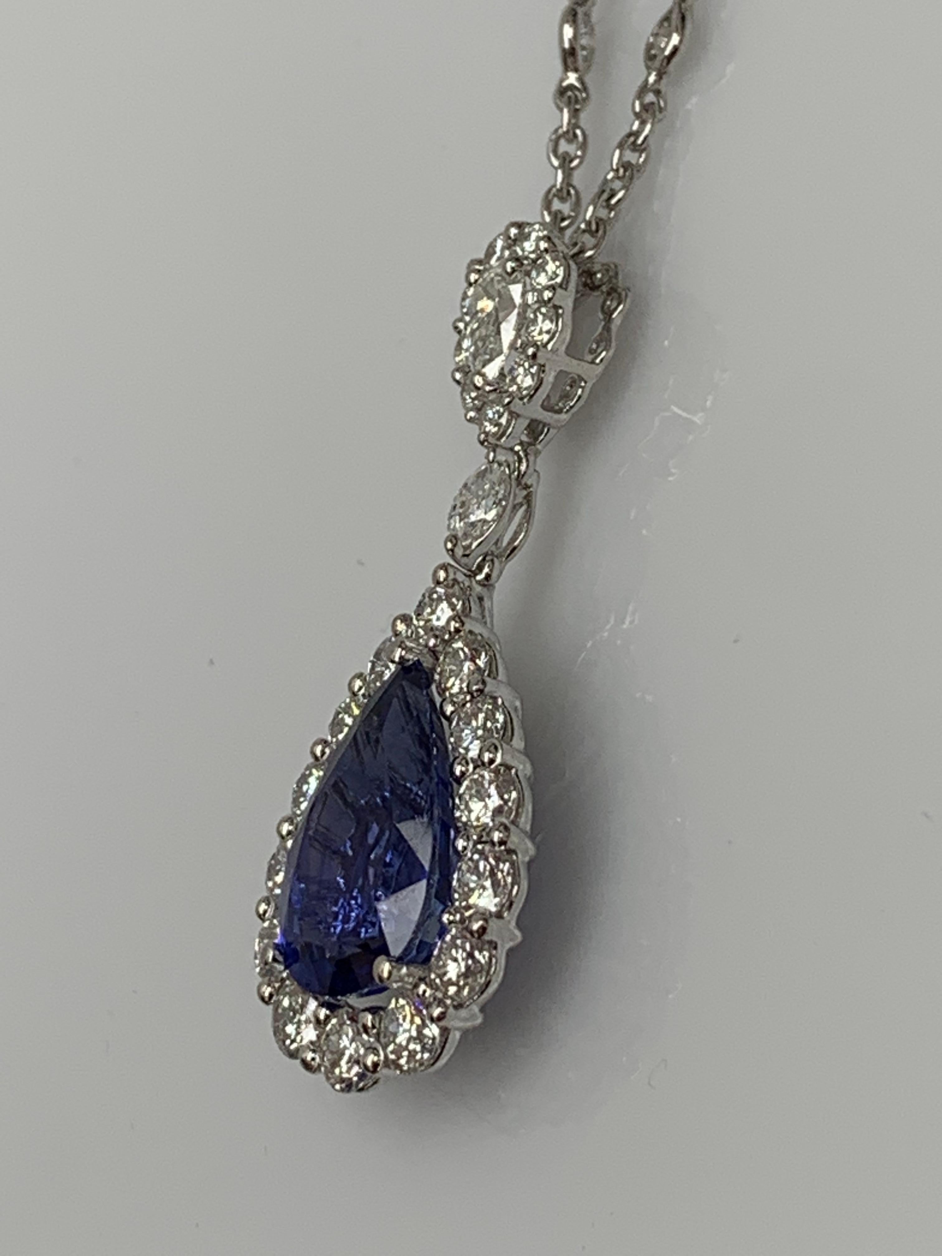 4.35 Carat Pear shape Sapphire and Diamond Drop Necklace in 18K White Gold For Sale 4