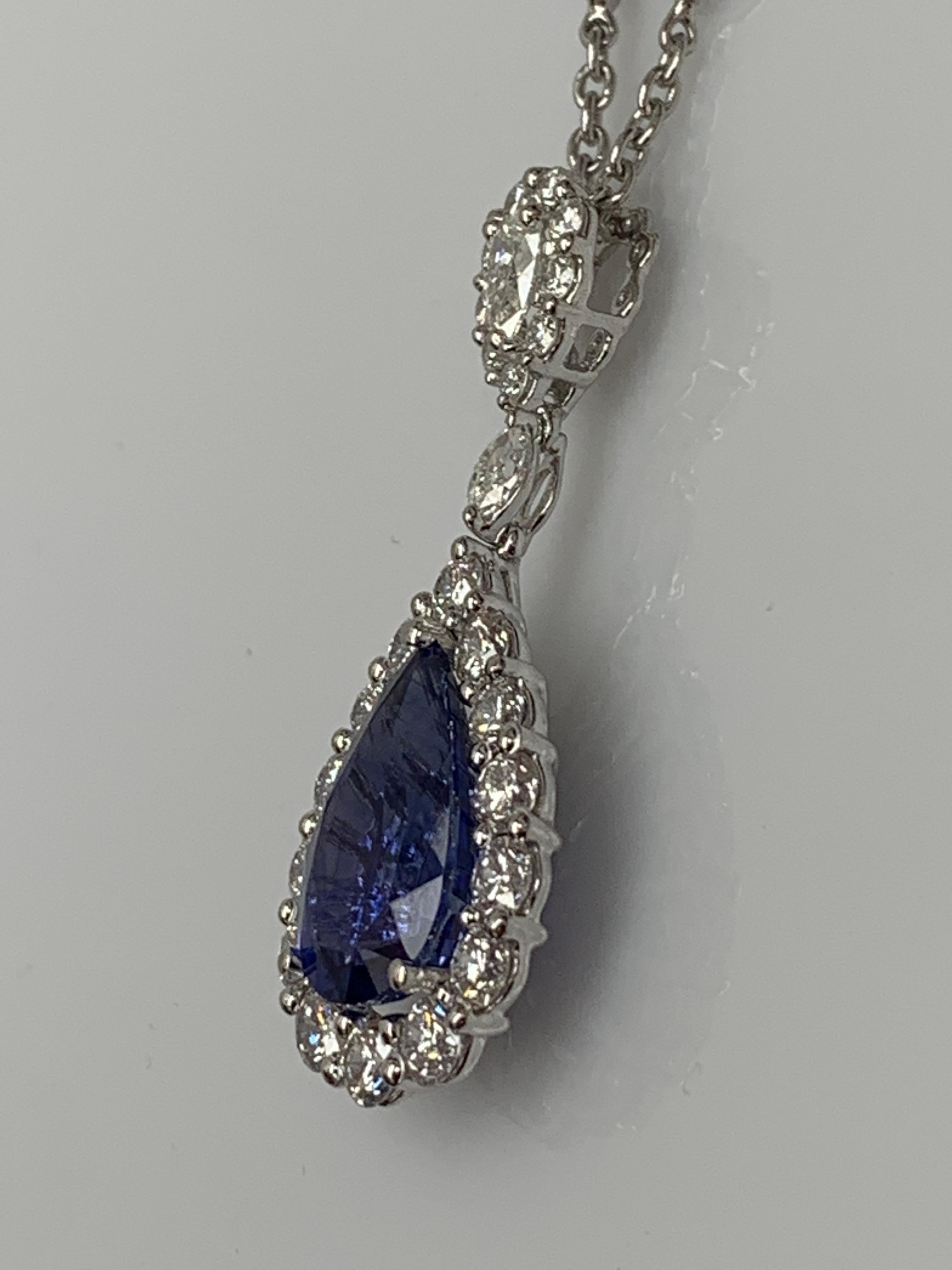 4.35 Carat Pear shape Sapphire and Diamond Drop Necklace in 18K White Gold For Sale 5