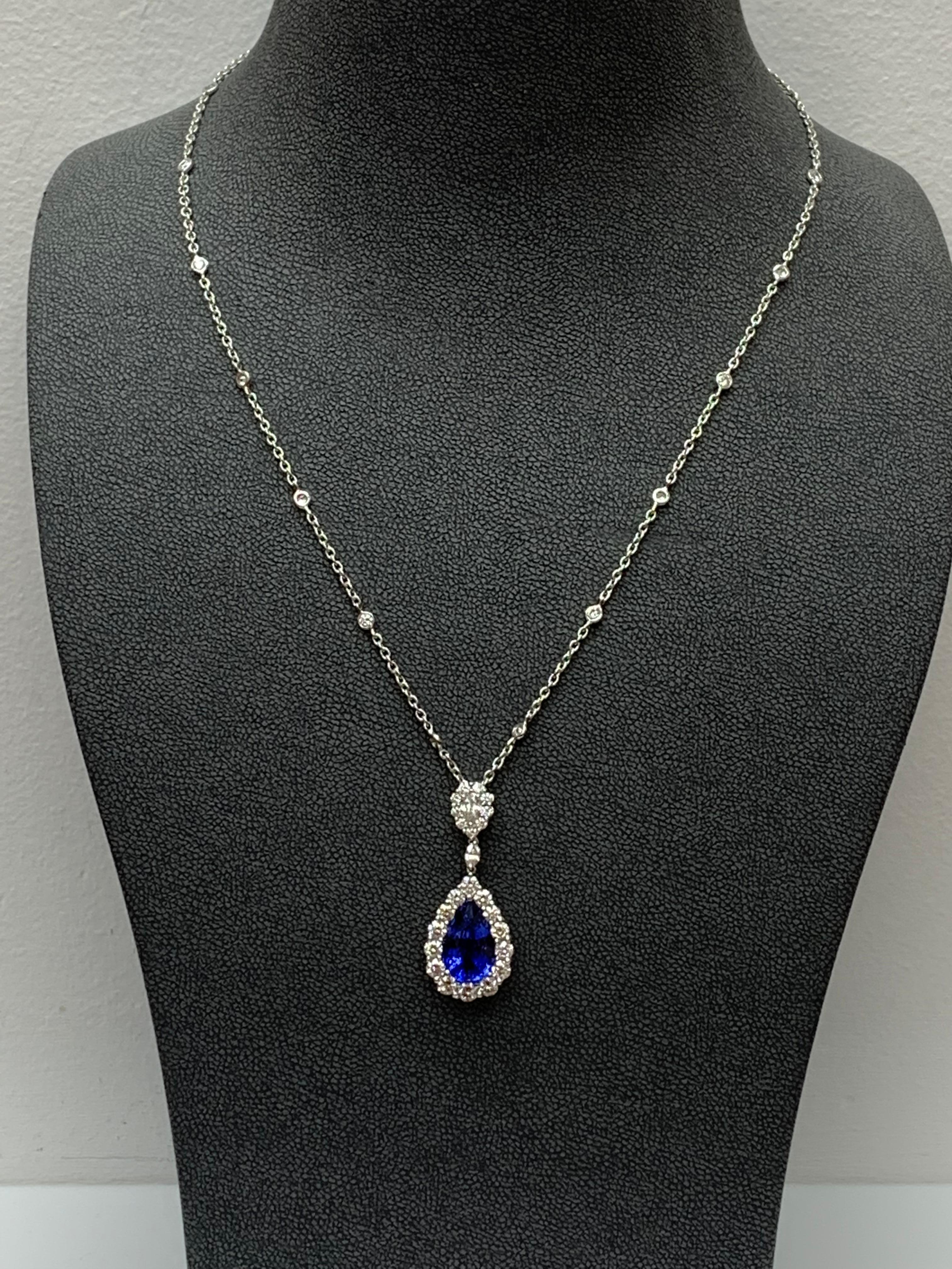 4.35 Carat Pear shape Sapphire and Diamond Drop Necklace in 18K White Gold For Sale 6