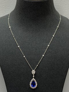 4.35 Carat Pear shape Sapphire and Diamond Drop Necklace in 18K White Gold