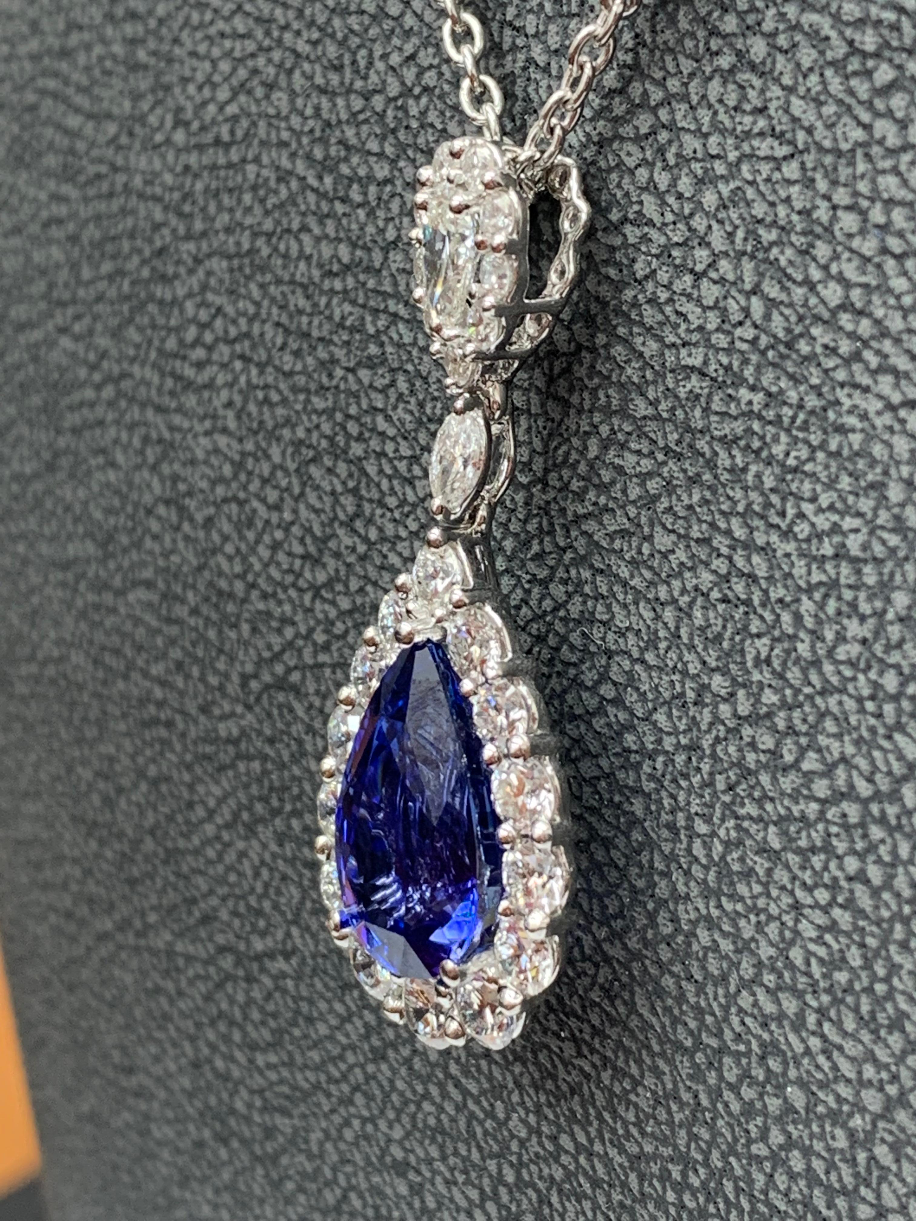 4.35 Carat Pear shape Sapphire and Diamond Drop Necklace in 18K White Gold For Sale 1